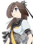  2015 4suke akizuki_(kantai_collection) artist_name blue_eyes brown_hair clothes_writing corset dated hair_intakes hair_ornament hairband kantai_collection long_hair open_mouth puffy_short_sleeves puffy_sleeves school_uniform serafuku short_sleeves simple_background smile solo upper_body white_background 