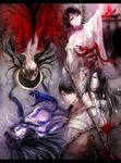  absurdres bad_id bad_pixiv_id black_hair blood breasts brown_eyes brown_hair bug butterfly eclipse fatal_frame fatal_frame_1 fatal_frame_2 fatal_frame_3 fatal_frame_4 haibara_sakuya highres himuro_kirie insect japanese_clothes kimono koko_(oyasuminasai) kurosawa_sae large_breasts long_hair mask mole moon multiple_girls oni_mask red_string rope shadow shimenawa short_hair snake string tattoo tears torii yukishiro_reika 