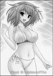  bangs bikini breasts covered_nipples greyscale hairband large_breasts monochrome nightmare77zx short_hair solo standing suzumiya_haruhi suzumiya_haruhi_no_yuuutsu swimsuit traditional_media 