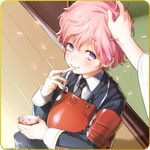  akita_toushirou armor blue_eyes eating food hand_in_another's_hair hand_on_another's_head hokora_(n70) ice_cream japanese_armor male_focus necktie petals pink_hair saniwa_(touken_ranbu) solo_focus touken_ranbu 