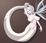  breasts female gradient gradient_background hikimayu hime_eyebrows kemurin lamia large_breasts long_hair monster_girl mouth_hold nipples nude red_eyes silver_hair solo 
