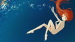  air_bubble barefoot breath bubble freediving holding_breath long_hair looking_at_viewer nude odd-z original red_hair solo swimming underwater yellow_eyes 