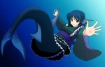  blue_eyes blue_hair commentary_request head_fins isaki_(gomi) japanese_clothes kimono long_sleeves looking_at_viewer mermaid monster_girl obi sash short_hair smile solo touhou underwater wakasagihime wide_sleeves 
