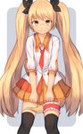  black_legwear blonde_hair dog_tail fox_tail glasses hair_ribbon highres leg_garter long_hair looking_at_viewer loose_necktie necktie retoree ribbon school_uniform shirt shone show_by_rock!! skirt skirt_grab smile solo tail thighhighs twintails very_long_hair yellow_eyes zettai_ryouiki 