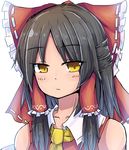  ascot bad_id bad_twitter_id black_hair blush bow close-up commentary cookie_(touhou) hair_bow hair_ribbon hair_tubes hakurei_reimu long_hair looking_at_viewer nnns ribbon sananana simple_background solo touhou white_background yellow_eyes 