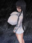 1girl aebafuti areolae black_hair breasts gigantic_breasts huge_breasts impossible_clothes impossible_shirt long_hair looking_at_viewer naked_shirt nipples ogata purple_eyes rain see-through shirt solo wet wet_clothes 