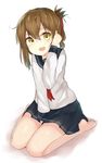  barefoot between_legs brown_eyes brown_hair folded_ponytail full_body hand_between_legs highres inazuma_(kantai_collection) kantai_collection knees_together_feet_apart long_sleeves looking_at_viewer monobe_tsukuri neckerchief open_mouth pleated_skirt sailor_collar school_uniform serafuku simple_background sitting skirt solo wariza white_background 