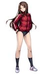  black_legwear breasts brown_eyes brown_hair buruma full_body hair_ornament hairclip highres jacket katagiri_(a1466502) legs long_hair medium_breasts original shoes simple_background sneakers socks solo thighs track_jacket white_background 