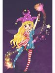  american_flag_dress american_flag_legwear blonde_hair blush_stickers clownpiece fairy_wings hand_up hat jester_cap long_hair open_mouth pantyhose purple_eyes rainbow_order smile solo space sparkle star tona_(nekotte) torch touhou very_long_hair wings 