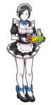  akairiot alternate_costume apple apron banana black_hair bottle cup enmaided food fruit full_body grapes grey_eyes highres maid maid_apron milk plate ponytail ribbon solo transparent_background white_skin wii_fit wii_fit_trainer 