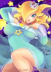  blonde_hair blue_eyes breasts dress earrings hair_over_one_eye jewelry large_breasts lips long_hair looking_at_viewer mario_(series) rosetta_(mario) solo star super_mario_bros. super_mario_galaxy super_smash_bros. sweetstellar tiara wand 