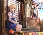  ahoge artoria_pendragon_(all) autumn_leaves blonde_hair blue_ribbon blue_skirt blush braid cup fate/stay_night fate_(series) food fruit green_eyes hair_ribbon high-waist_skirt highres ice_(ice_aptx) japanese_house lens_flare looking_at_viewer ribbon saber sitting skirt smile solo sun teacup 