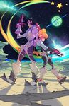  1girl adelie_(space_dandy) back-to-back blonde_hair dandy_(space_dandy) gun hair_bun highres older pompadour rtil space_dandy spacesuit weapon 