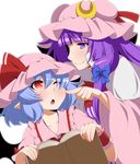 bat_wings blue_hair blush capelet cheek_poking coat crescent dress eichi_yuu fang hair_ribbon hat hat_ribbon highres mob_cap multiple_girls one_eye_closed open_clothes open_coat open_mouth patchouli_knowledge pink_dress pointy_ears poking puffy_short_sleeves puffy_sleeves purple_eyes purple_hair red_eyes remilia_scarlet ribbon short_sleeves smile striped striped_dress touhou tress_ribbon white_background wings wrist_cuffs 