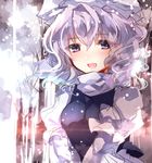  bad_id bad_twitter_id blue_eyes blush colorized hat lavender_hair letty_whiterock long_sleeves looking_at_viewer open_mouth puffy_sleeves shirt short_hair sketch smile snowing solo sweetroad touhou turtleneck upper_body vest 