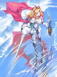  armor blonde_hair breasts cleavage highres knight lance large_breasts long_hair ohland polearm shield smile solo standing standing_on_liquid water weapon yellow_eyes 