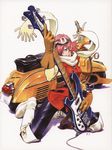  bass_guitar boots flcl gloves goggles goggles_on_head ground_vehicle hair_over_one_eye haruhara_haruko instrument left-handed motor_vehicle pink_hair rickenbacker sadamoto_yoshiyuki scarf scooter short_hair solo vespa yellow_eyes 