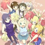  6+girls anabuki_tomoko angry animal_ears black_hair blonde_hair blue_eyes bob_cut brown_eyes brown_hair cat_ears cat_tail cheering cheerleader cigarette dog_ears dog_tail elizabeth_f_beurling elma_leivonen english ermine_ears ermine_tail fox_ears fox_tail giuseppina_ciuinni glasses grey_hair hands_on_hips hands_on_shoulders katharine_ohare long_hair multiple_girls pantyhose pom_poms purple_eyes puuakachan ribbon sakomizu_haruka short_hair star tail thighhighs track_and_field ursula_hartmann world_witches_series 