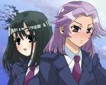  bad_id bad_pixiv_id black_hair green_eyes kajiki_yumi multiple_girls purple_eyes purple_hair saki school_uniform touyoko_momoko tsuruga_school_uniform yanazuri_(kimossari337) 