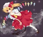  artist_request blonde_hair bow cloud dress flandre_scarlet flying hair_bow hat hat_ribbon kneehighs legs mary_janes nail_polish night night_sky red_eyes red_nails ribbon shoes short_hair short_sleeves side_ponytail sky smile socks solo touhou wings 