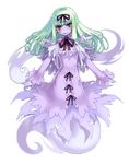  blush bow dress ghost ghost_(monster_girl_encyclopedia) ghost_tail green_hair hair_bow hair_ribbon hitodama kenkou_cross long_hair monster_girl monster_girl_encyclopedia official_art original pointy_ears red_eyes ribbon solo 