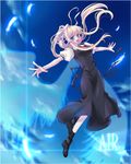  air blonde_hair blue_eyes day dress feathers hair_ribbon kamio_misuzu long_hair ponytail ribbon school_uniform sky solo soukuu_kizuna very_long_hair wings 