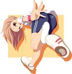  ass bad_id bad_pixiv_id bike_shorts brown_eyes brown_hair highres original running shoes short_hair single_shoe solo take_(office-t) 