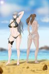  2girls absurdres alicia_melchiott armpits ass barefoot big_breasts bikini breasts brown_eyes brown_hair female highres large_breasts long_hair looking_back midriff multiple_girls red_eyes rex_(systembest) selvaria_bles senjou_no_valkyria senjou_no_valkyria_1 silver_hair swimsuit systembest twintails unproportioned very_long_hair 