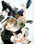  2boys blue_eyes braid brown_hair duo_maxwell gundam gundam_wing heero_yui heero_yuy long_hair male male_focus masami_obari mecha multiple_boys oobari_masami ponytail short_hair smile smiling 