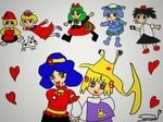  aki_minoriko aki_shizuha bad_anatomy blonde_hair crab dog frog green_hair hat heart kagiyama_hina kams kawashiro_nitori moriya_suwako multiple_girls shameimaru_aya short_hair touhou yasaka_kanako 