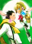  1girl aegis_(persona) android black_hair blonde_hair blue_eyes bug butterfly flower full_moon green_eyes insect md5_mismatch mochizuki_ryouji moon oyuyamio persona persona_3 ribbon scarf suspenders 