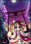  :d artist_name bow brown_hair cherry_blossoms cloud dated detached_sleeves full_moon hakurei_reimu highres japanese_clothes lantern letterboxed moon night north_abyssor open_mouth petals red_eyes rope shimenawa shrine sky smile solo stairs torii touhou tree 