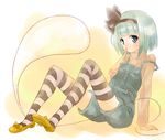  alternate_costume arm_support blue_eyes bob_cut contemporary finger_to_mouth hairband konpaku_youmu konpaku_youmu_(ghost) midori_(green_tea) overalls short_hair silver_hair sitting solo strap_slip striped striped_legwear suspenders sweater thighhighs touhou zettai_ryouiki 