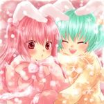  animal_ears blush bunny_ears chiester410 chiester45 chiester_sisters closed_eyes green_hair maekawa_suu mittens multiple_girls pink_hair red_eyes short_hair smile snow snowflakes twintails umineko_no_naku_koro_ni winter winter_clothes 