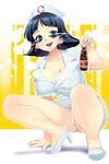  black_hair blue_eyes breasts castella cleavage copyright_request high_heels highres large_breasts nurse shoes short_hair solo sunglasses upskirt 