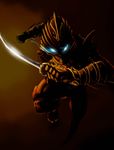  armor blue_eyes helmet karas katana male_focus otoha_(karas) solo sword weapon 