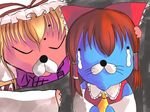  bonobono_(character) cat chibi closed_eyes cosplay dog hakurei_reimu hakurei_reimu_(cosplay) hug no_humans non-web_source parody tears touhou yakumo_yukari yakumo_yukari_(cosplay) 