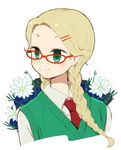  blonde_hair braid flower glasses green_eyes hair_ornament hairclip long_hair mago necktie pop'n_music risette solo sweater_vest twin_braids 