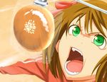  amami_haruka bad_id bad_pixiv_id bread brown_hair food green_eyes hair_ribbon idolmaster idolmaster_(classic) open_mouth ribbon short_hair solo thesale track track_and_field track_suit 