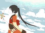  1girl black_hair blush cloud day japanese_clothes kimono long_hair nagone_mako pinwheel ponytail pug_(pixiv363489) sky solo utau very_long_hair 