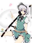  bad_id bad_pixiv_id belt black_hairband blue_eyes dango flower food ghost hairband highres katana konpaku_youmu konpaku_youmu_(ghost) petals rin_(ateria) short_hair silver_hair solo sword touhou wagashi weapon 