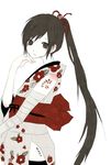  black_hair blush japanese_clothes kimono long_hair nagone_mako ponytail pug_(pixiv) solo thighhighs utau very_long_hair 