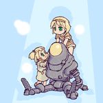  blonde_hair blush carrying child fallout fallout_3 green_eyes hair_ribbon hetaren lowres mecha multiple_girls oekaki piggyback protectron ribbon robot sad 