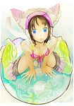  bikini blue_eyes brown_hair cat_tail copyright_request front-tie_top hat na2 sitting solo swimsuit tail thighhighs 