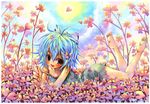 ahoge barefoot blue_hair blush brown_eyes clover clover_hair_ornament copyright_request emperpep feet hair_ornament lying on_stomach open_mouth solo traditional_media watercolor_(medium) 