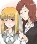  blonde_hair blush brown_hair closed_eyes fukuji_mihoko jacket multiple_girls office_lady older one_eye_closed red_eyes saki shoushu takei_hisa tray uniform vest yuri 