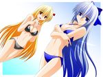  bikini blonde_hair blue_eyes blue_hair bow breast_hold breasts cirno cleavage engo_(aquawatery) fang groin hair_bow hair_ribbon large_breasts long_hair multiple_girls navel older red_eyes ribbon rumia smile swimsuit touhou very_long_hair 