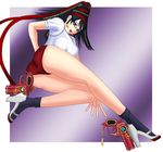  ass bayonetta bayonetta_(character) black_hair blue_eyes breasts chains earrings female full_body glasses gradient gradient_background gym_uniform high_heels jewelry long_hair open_mouth red_ribbon ribbon shadow_(pixiv12888) solo uniform wiz_(shadow) 