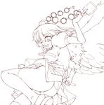 ass breasts brown gekkou_ookami hat large_breasts looking_at_viewer monochrome one_eye_closed open_mouth panties pom_pom_(clothes) shameimaru_aya short_hair sketch skirt smile solo thighhighs tokin_hat touhou underwear wings 