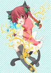  animal_ears bow braid cat_ears cat_tail hair_ribbon kaenbyou_rin mao_(alepricos) multiple_tails red_eyes red_hair ribbon short_hair solo tail touhou twin_braids twintails 